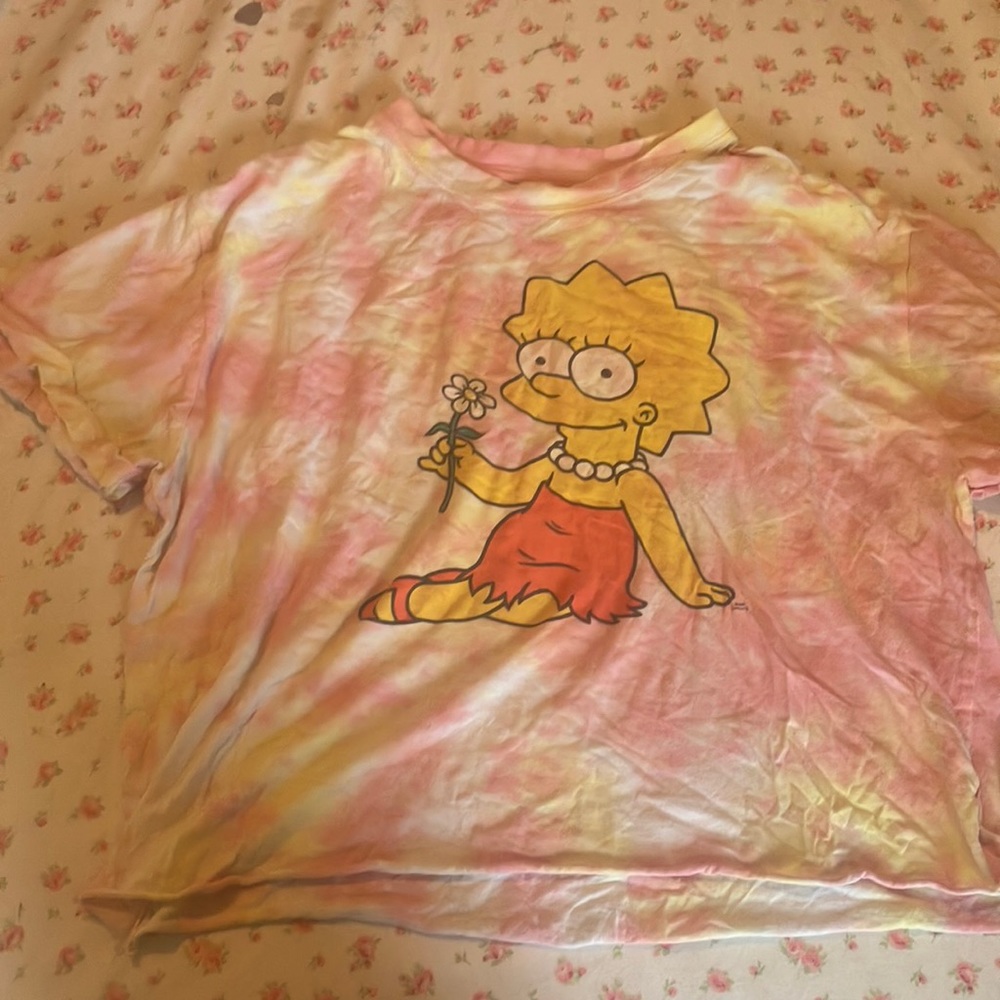 Yellow and pink, tie-dye Simpsons shirt